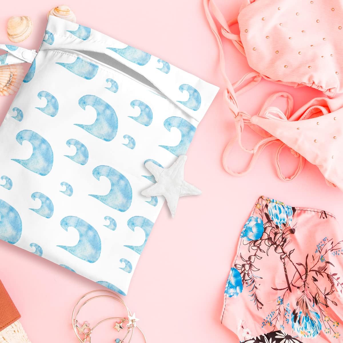 Wet Bag, Wet Dry Bag, Wet Bag for Swimsuit, Travel, Beach, Pool, Diapers, Dirty Yoga Gym Clothes, Makeup Bag, Waterproof Reusable Beach Bag Ocean Decor Starfish Sea Horse Anchor