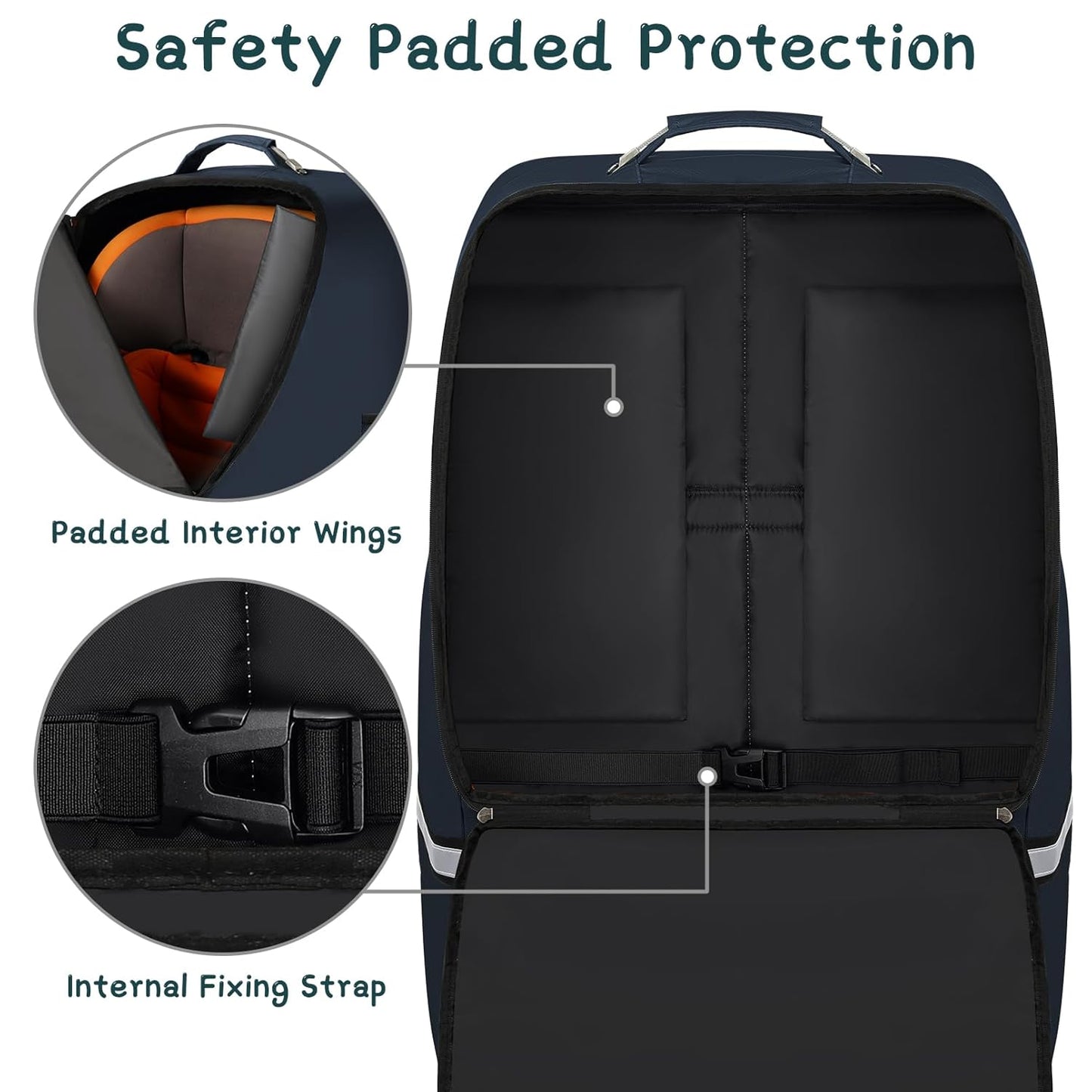 Car Seat Travel Bag - Padded Car Seat Carrier with Steel Cable Handle and Reflective Stripes, Large Durable Airport Gate Check Bag, Blue