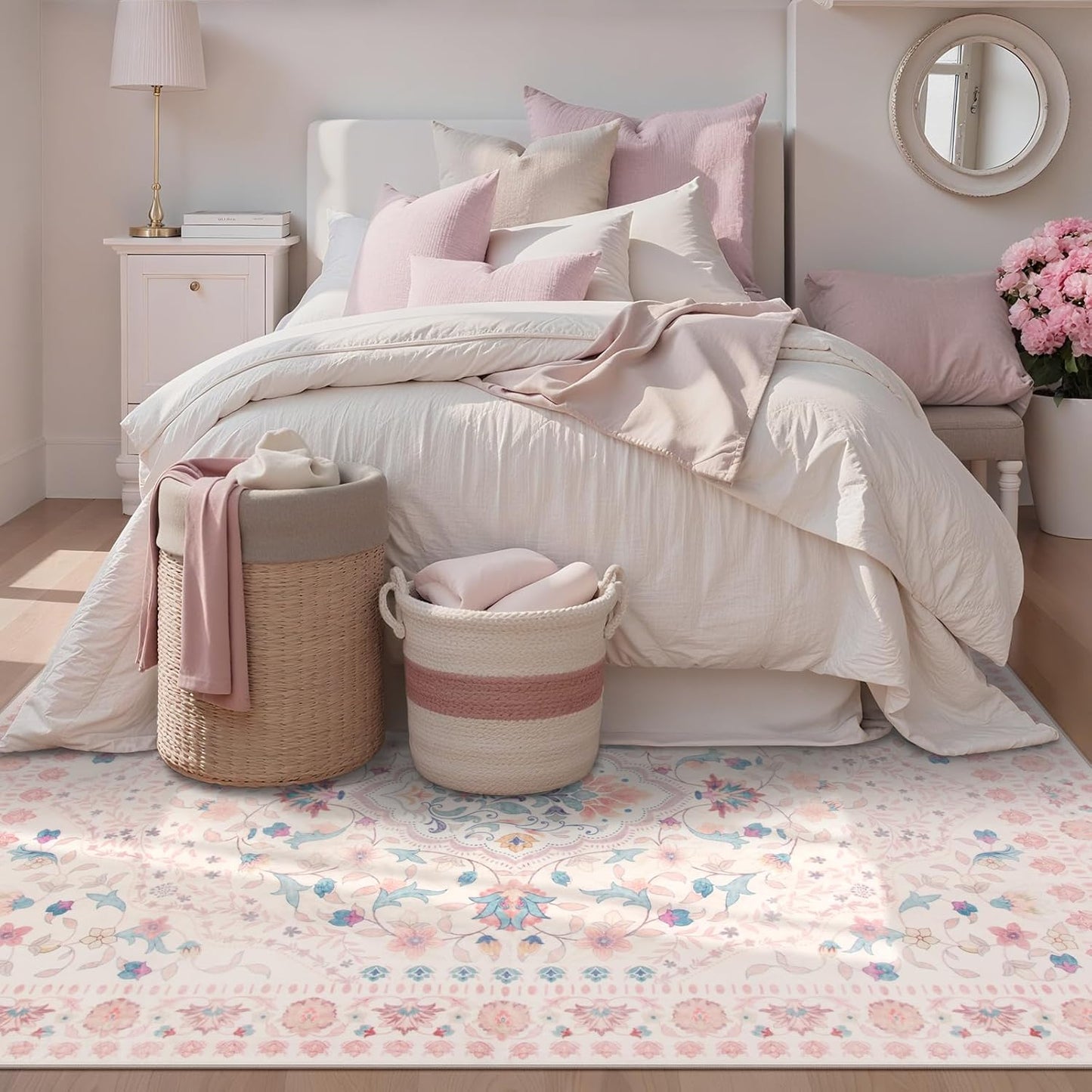 Wonnitar Floral 5x7 Washable Nursery Rug, Pink Rugs for Bedroom Girls, Boho Ultra-Thin Soft Non Slip Floor Carpet for Dorm Living Room Playroom Home Decor, Pastel Pink