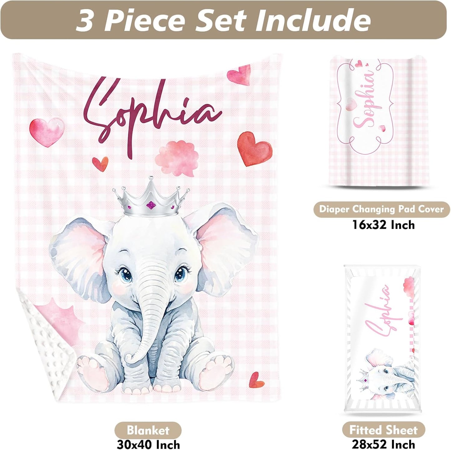 Custom Name Crib Bedding Set - Elephant Theme, Personalized Pink Checkered Nursery Bedding 3-Piece Set– Soft Blanket, Fitted Sheet, Changing Pad Cover – for Newborns Girls Nursery Gifts