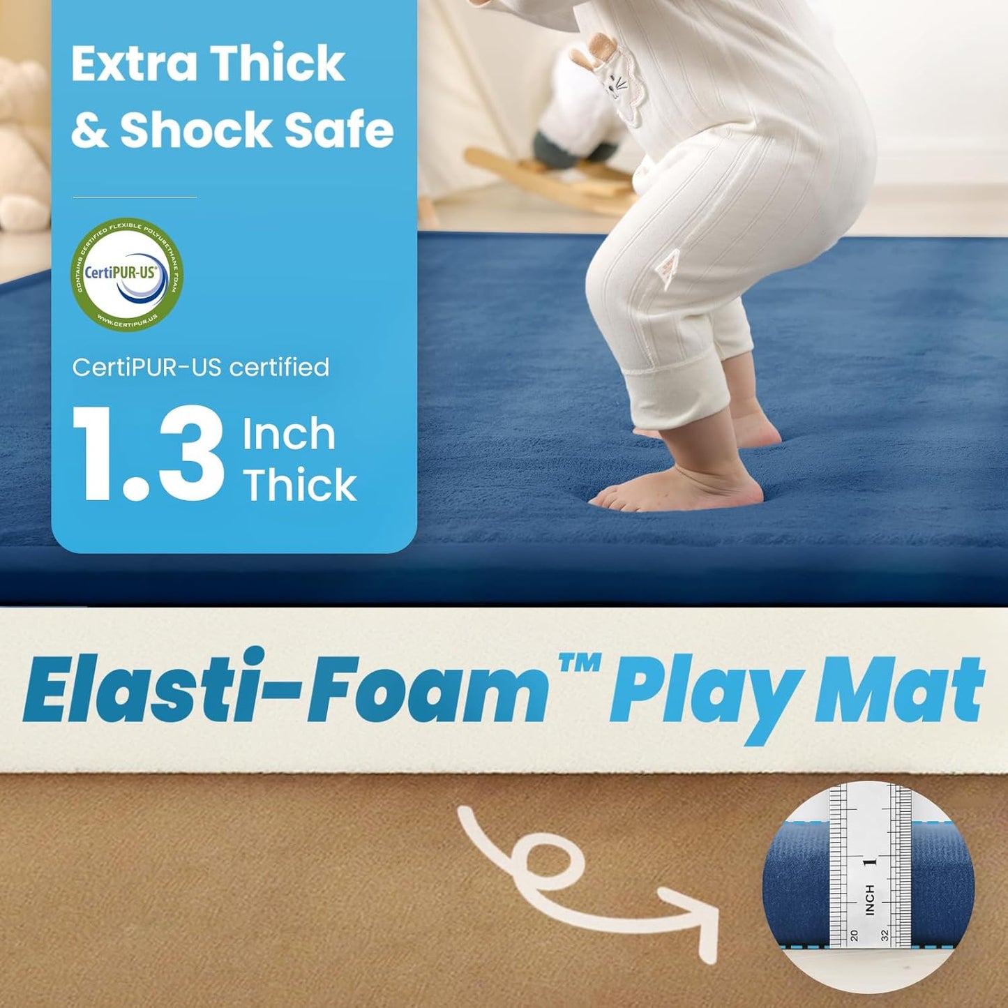 Ultra Soft Baby Play Mat,71"×79" Extra Large Activity Tummy Time Mat for Toddlers,Infants,Kids,1.3" Thick Elasti-Foam Nursery Rug for Floor,Non-Slip Safe for Crawling,Water-Repellent(Royal Blue)