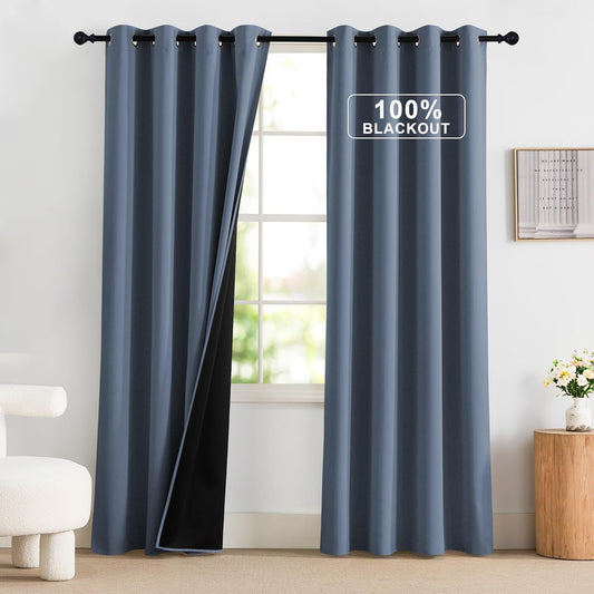 NICETOWN Stone Blue Curtains 52 x 84 inches Long, 100% Blackout Curtains Set of 2 Panels Thermal Insulated Privacy Window Curtains for Bedroom Living Room