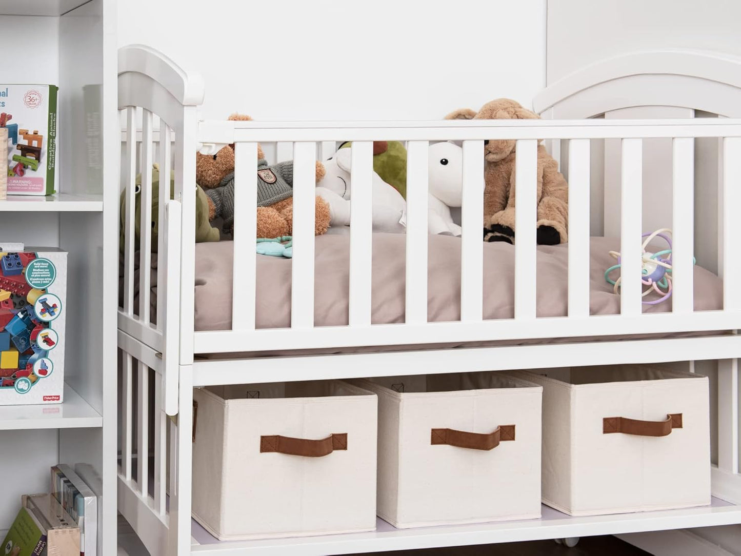 StorageWorks Storage Baskets for Shelves, Foldable Fabric Closet Storage Bins with PU Handles, Fabric Storage Bins Clothes Organizer, Ivory White, 3-Pack, Large