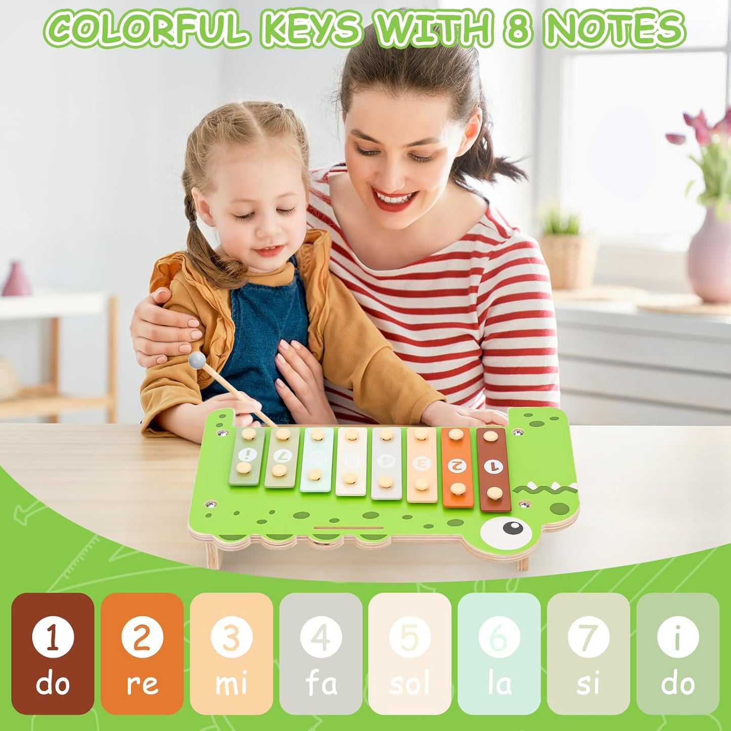 Baby Piano Xylophone Musical Toys - 2 in 1 Wooden Montessori Crocodile Toys for Toddler Kids, 8 Multicolored Key Keyboard Instruments, Preschool Educational Musical Learning Toy for Girls Boys