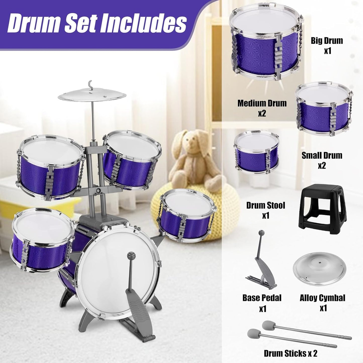 Kids Jazz Drum Set Rock Kit Toys for 3-7 Year Olds - 5 Piece Toddler Band Musical Instrument Educational Percussion Birthday Playset