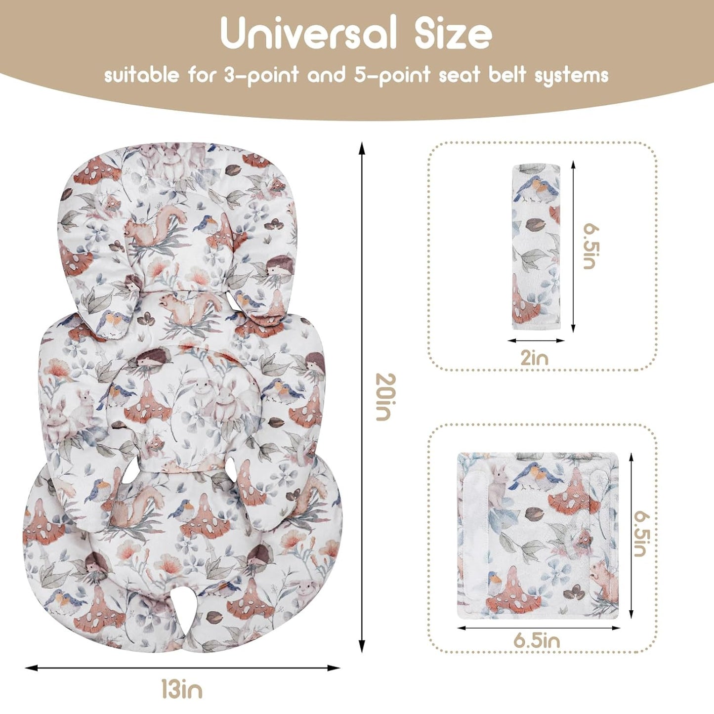 Infant Car Seat Insert, Car Seat Head Support Baby Girls Boys, Soft & Reversible Newborn Carseat Insert Cushion with 2 Strap Covers, for Stroller, Swing, Bouncer (Gray Animals)