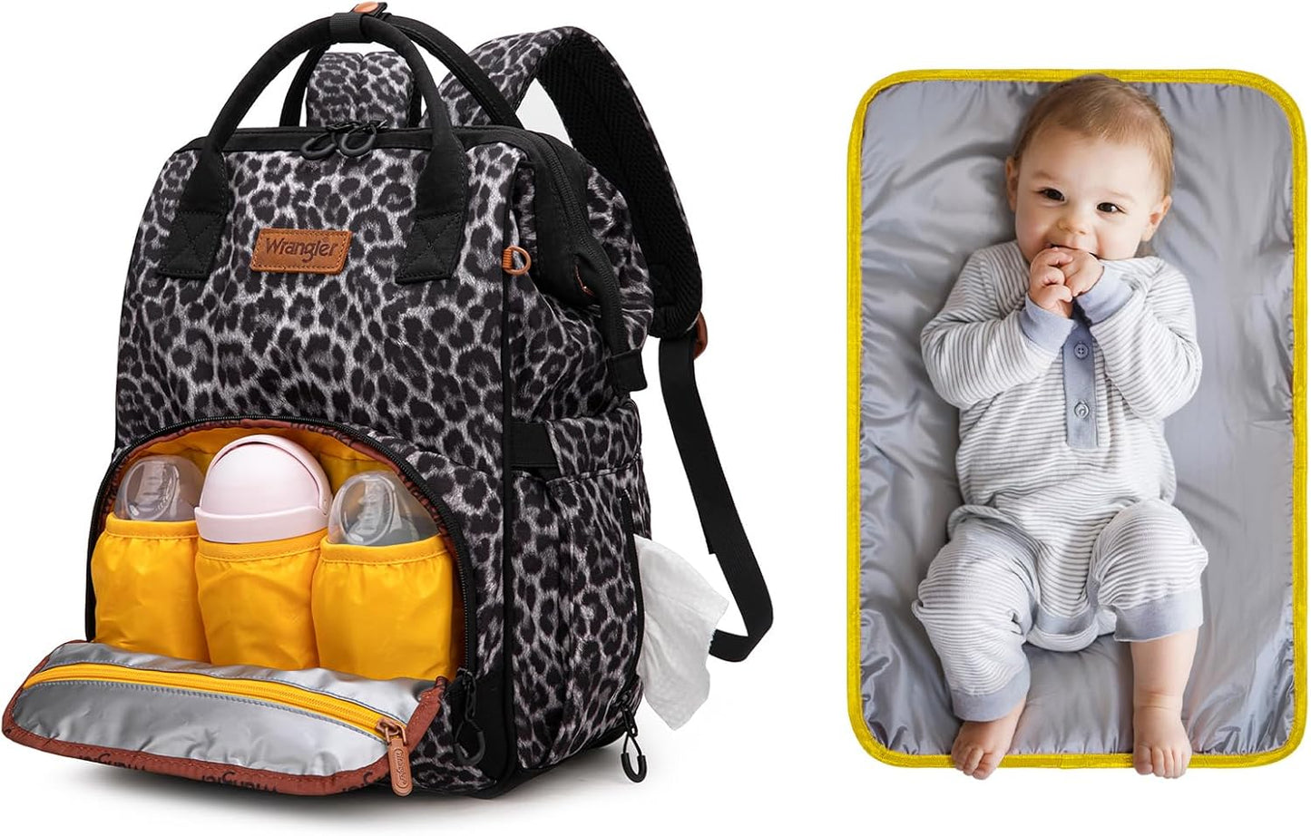 Wrangler Leopard Print Backpack Multifunction Baby Travel Bag with Changing Pad, Stroller Straps and Pacifier Case WG2204-91103LP-BK
