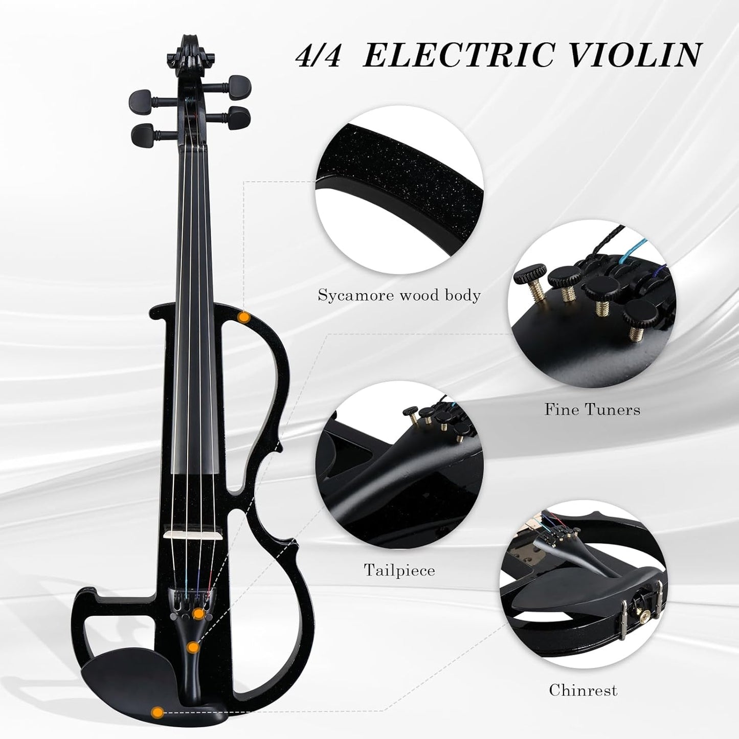 Ktaxon Full Size Electric Violin, 4/4 Acoustic Silent Electric Violin for Beginner Adults Teens with Ebony Fittings, Case, Bow, Headphone, Rosin and Extra String (Black)
