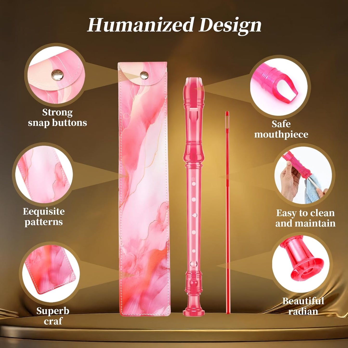 Soprano Recorder Instrument for Kids Beginners Student German Fingering C Key Recorder Instrument 3 Piece with Cleaning Rod and Bag Fingering Chart(Crystal Pink)