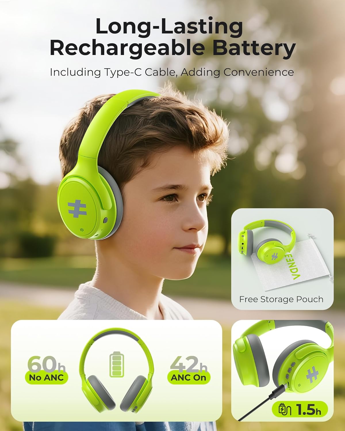 seenda Kids Wireless Active Noise Cancelling Headphones, 60H Playtime, Safe Volume (74/85/94dB), Bluetooth 5.4, Type-C Foldable Headphones with Mic for School, iPad, Airplane, Travel, Green