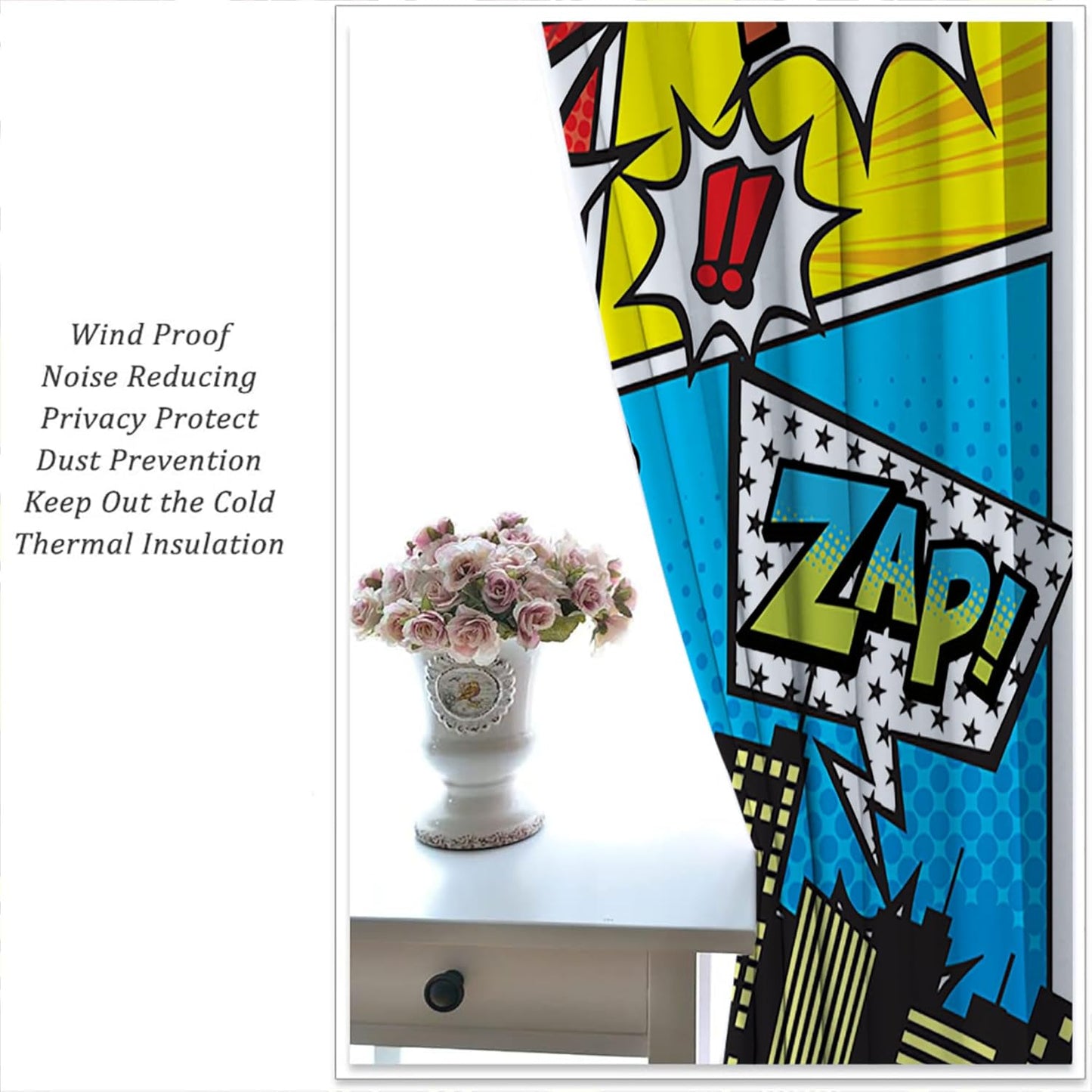 Superhero City Wars Explosion Rod Pocket Blackout Curtains for Boy Girl Bedroom, Colorful Comics Ar Thermal Insulated Home Window Drapes for Living Room Darkening, 55x63 inch