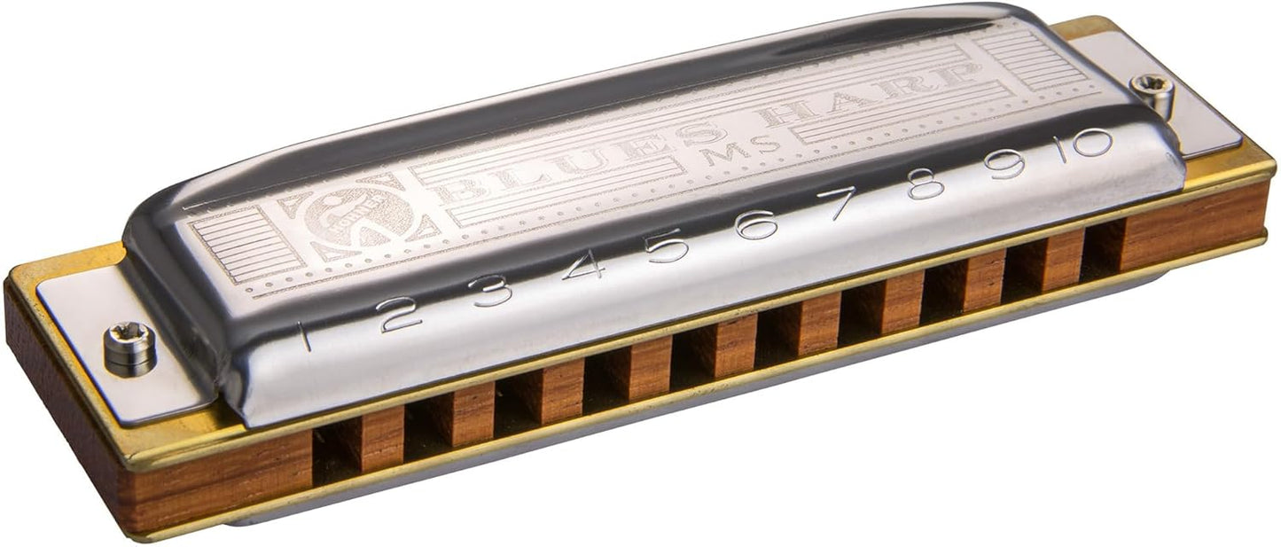Hohner Harmonica 532 Blues Harp MS - Key of F Bundle with Key Stickers, Harmonica Beginner Manual, and Austin Bazaar Polishing Cloth - Key of F