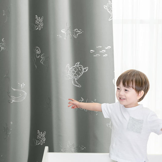Vangao Kids Curtains for Boys Bedroom Kids Blackout Curtains 63 Inch Length Ocean Aquarium Nursery Drapes for Girls Bedroom Silver Sea Animals Print Thermal Insulated Drapes, Grey 2 Panels