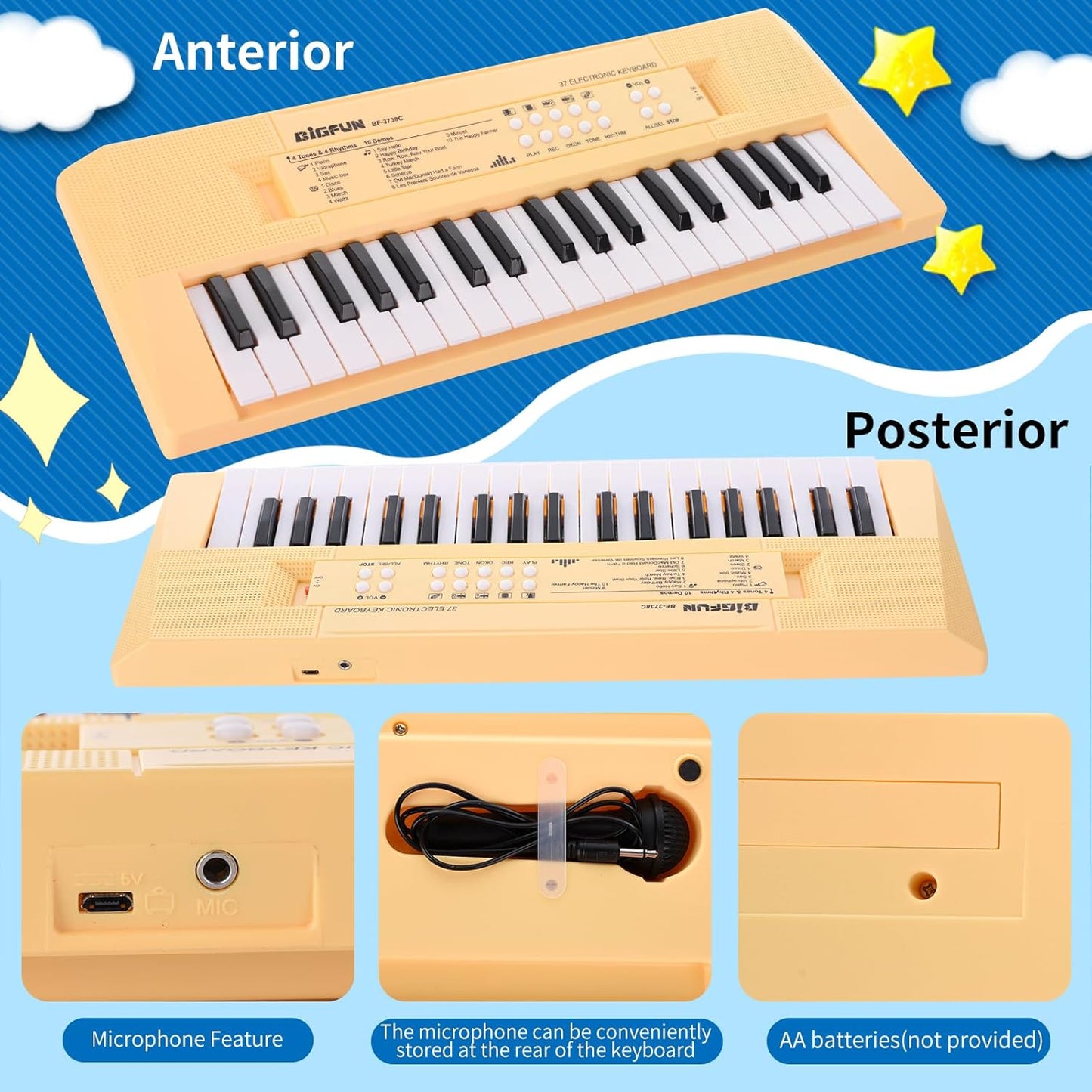 Kids Piano Keyboard, 37 Keys Portable Music Keyboard Early Learning Educational Electronic Music Piano Instrument Toys for 3 4 5 6 Year Old Boys and Girls (Yellow)