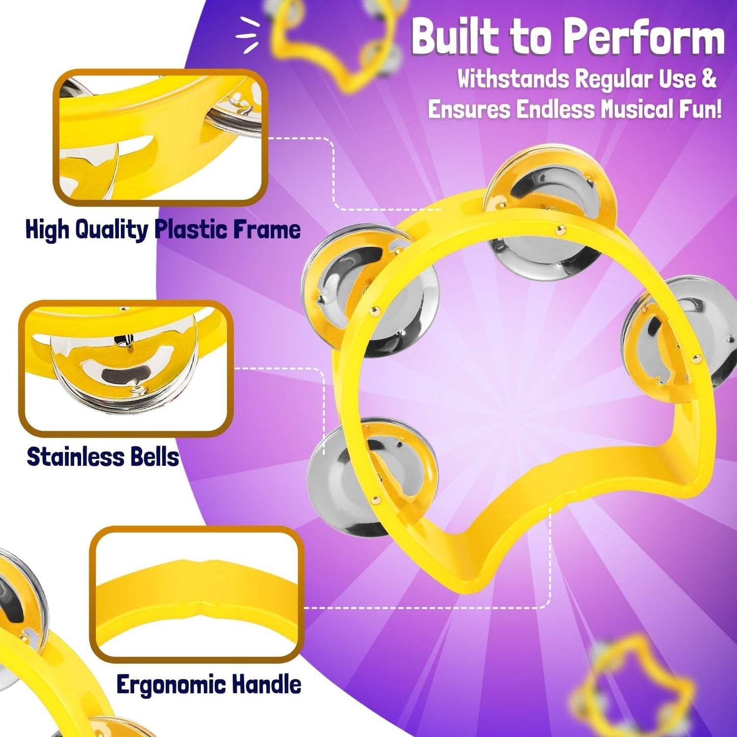 Flexzion Half Moon Musical Tambourine Set of 4, Red Yellow Blue Green, Double Row Metal Jingles Hand Held Percussion Drum with Ergonomic Handle Grip