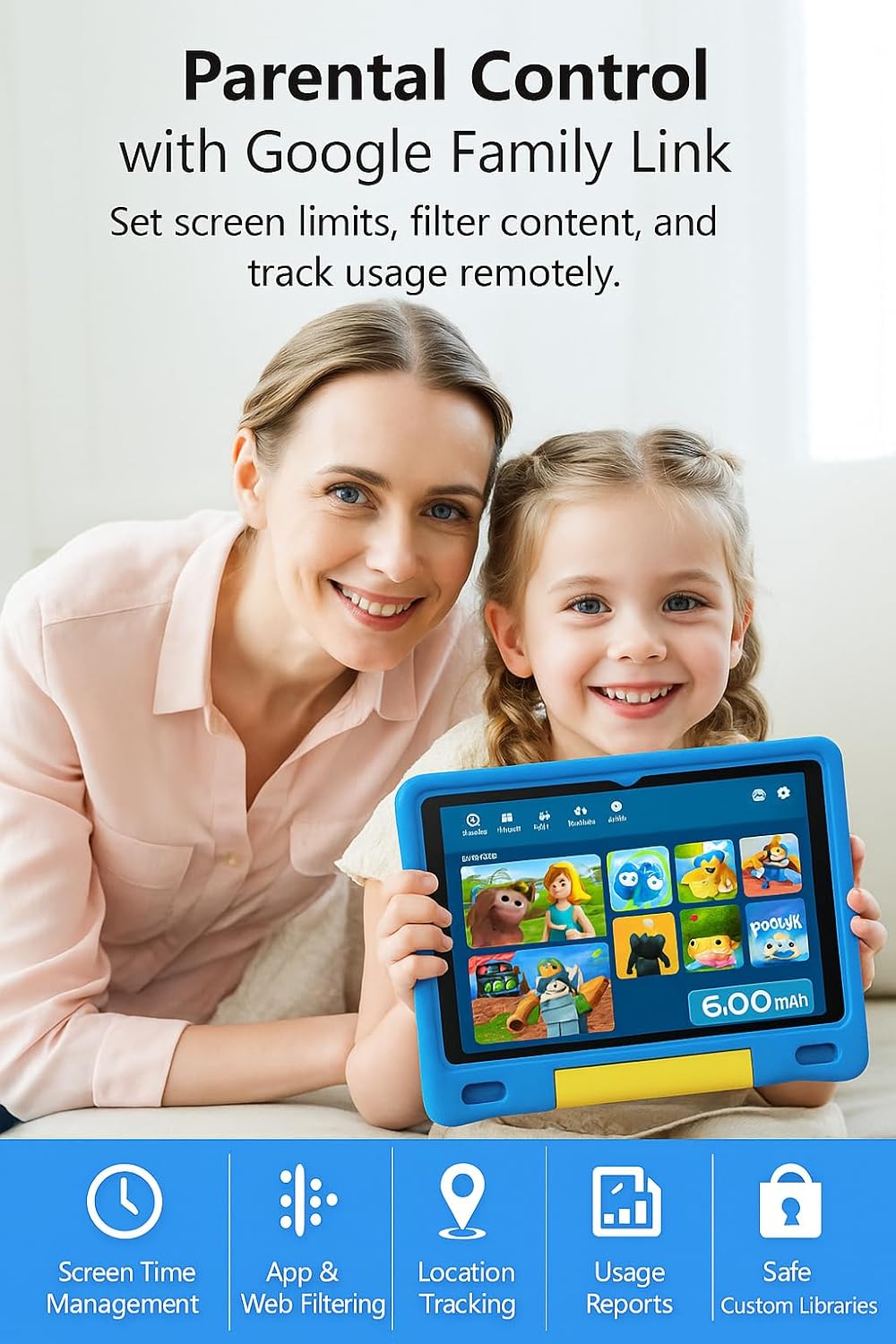 10.1 Inch Kids Tablet with Shockproof Case | Android 14, 64GB+8GB RAM, 12H Battery | Parental Control, Google Kids Space & Preloaded Educational Apps | WiFi 6, HD Display, Ages 3-12