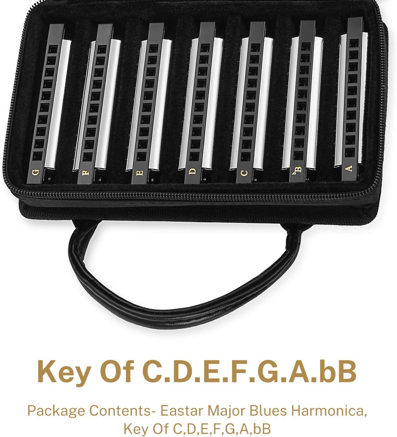 Eastar Major Blues Harmonica Sets 7 Keys Diatonic in Key of C D E F G A Bb for Adults Beginners Students Kids 7-Pack, Carrying Case, Cleaning Cloth