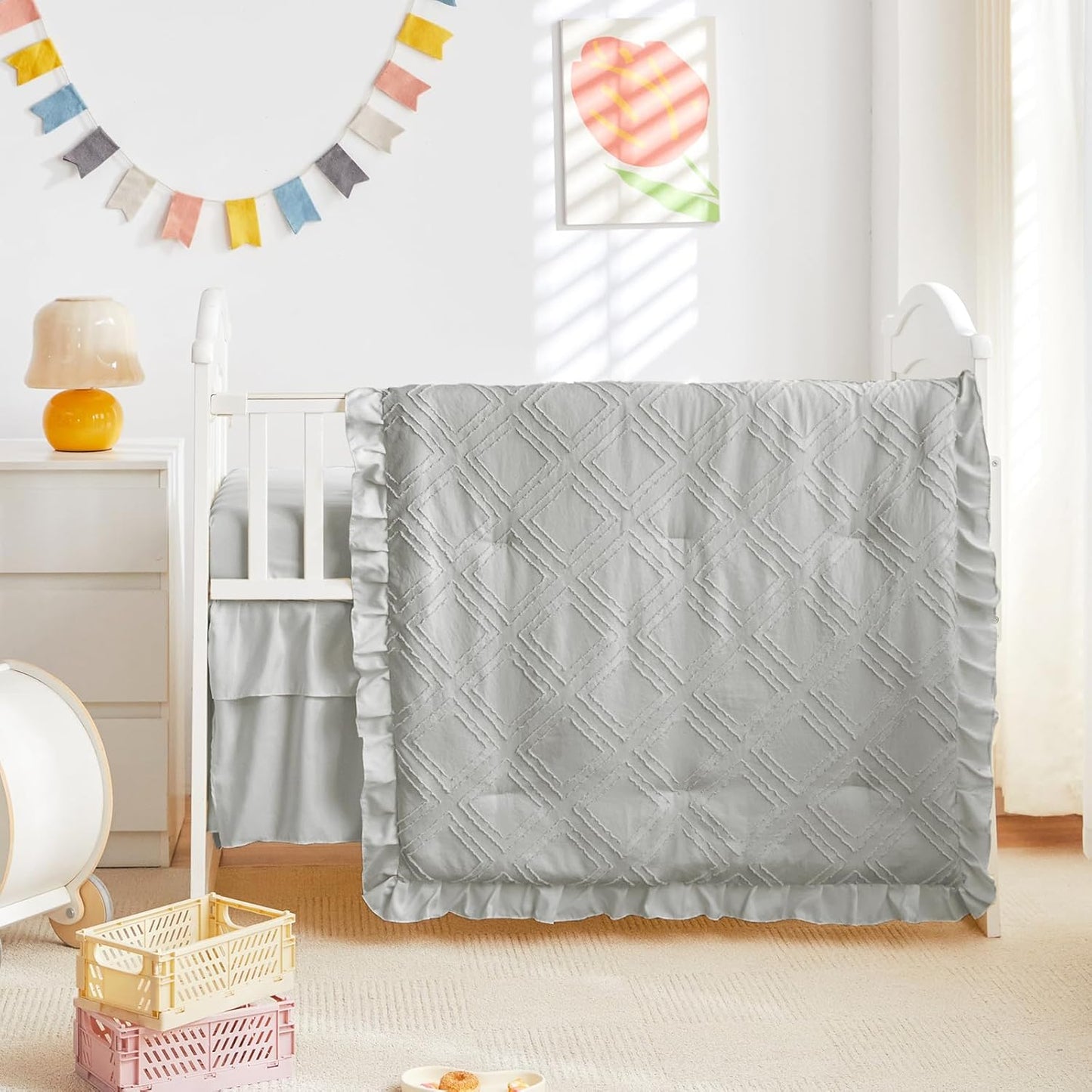 Mini Crib Bedding Set 3 Pieces Baby Boho Quilted Tufted Ruffles Comforter with Fitted Sheet and Ruffled Bed Skirt - Cute Shabby Baby Bedding Fits Mini Crib Only Light Gray