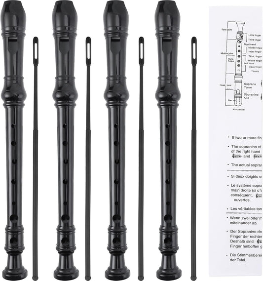 SANNIX 4 Pack Recorder Instrument, 8 Hole German Style Soprano Recorder for Beginner, Recorder With Cleaning Rod, School Student Music Instrument (Black)