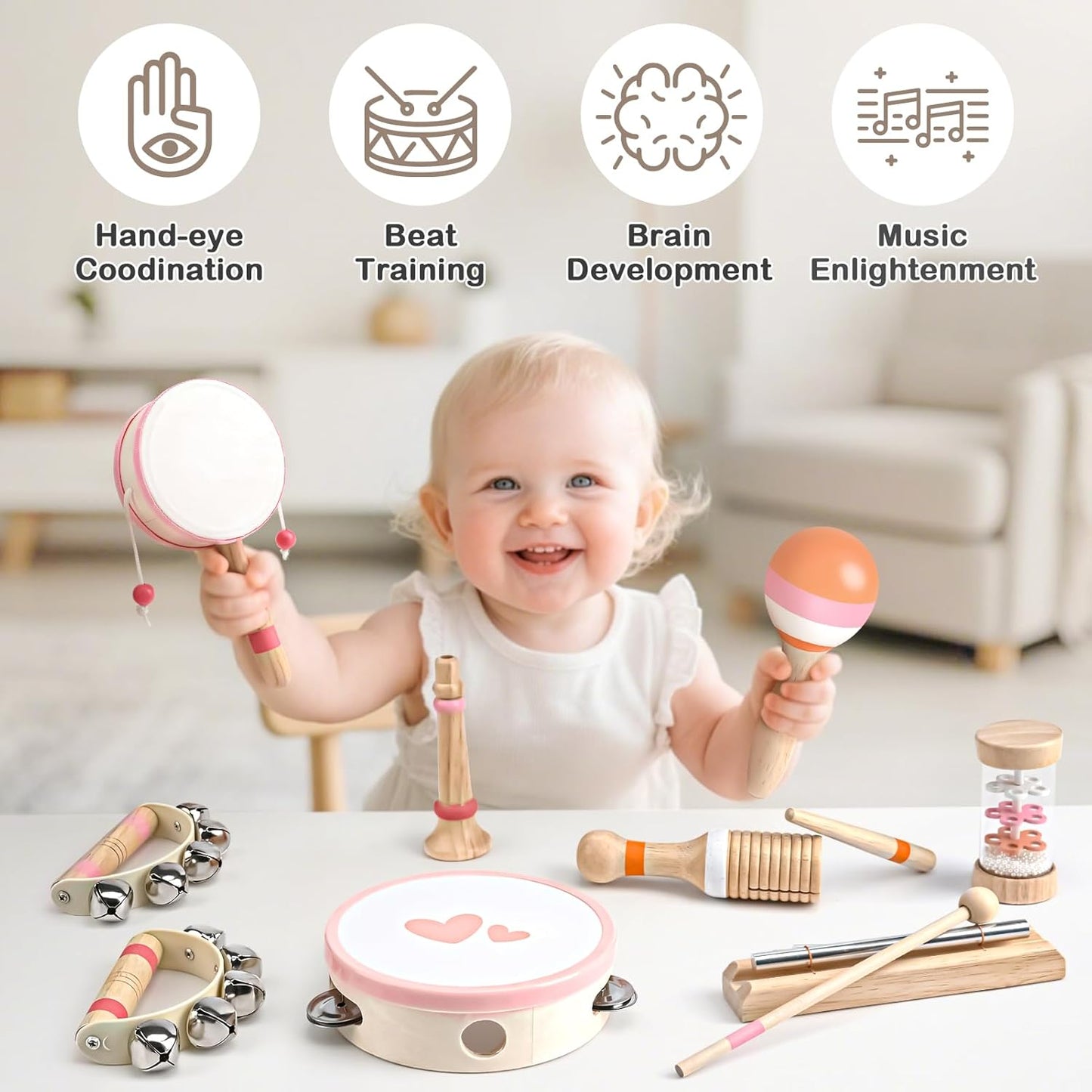 Musical Toys for 2 3 Year Old Girl Birthday Gifts, Wooden Montessori Toys for 2 Year Old, 8 in 1 Musical Instruments for Toddlers with Drum/Hand Bells/Flute/Maracas, Preschool Toys for Baby 18+ Months