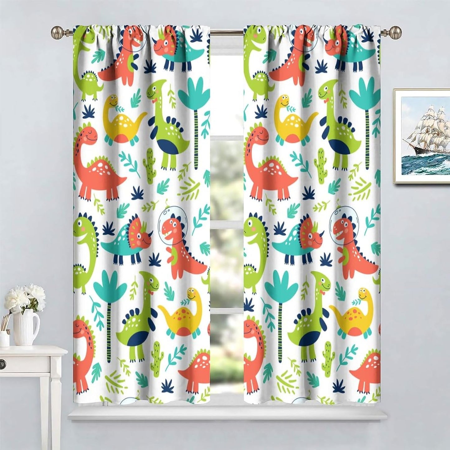 Rustic Dinosaurs Curtains Colorful Dino Kids Boys Cartoon Cute Cool Funny Decor Printed Blackout Rod Pocket Window Drapes for Living Room Bedroom W36xL63in 2 Panels