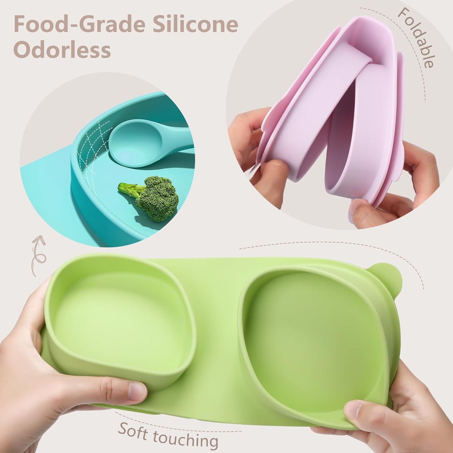 Silicone Foldable Novelty Dinner Plates,Suction Plates for Baby Travel Essential with Forks and Spoons,Microwave & Dishwasher Safe,Green