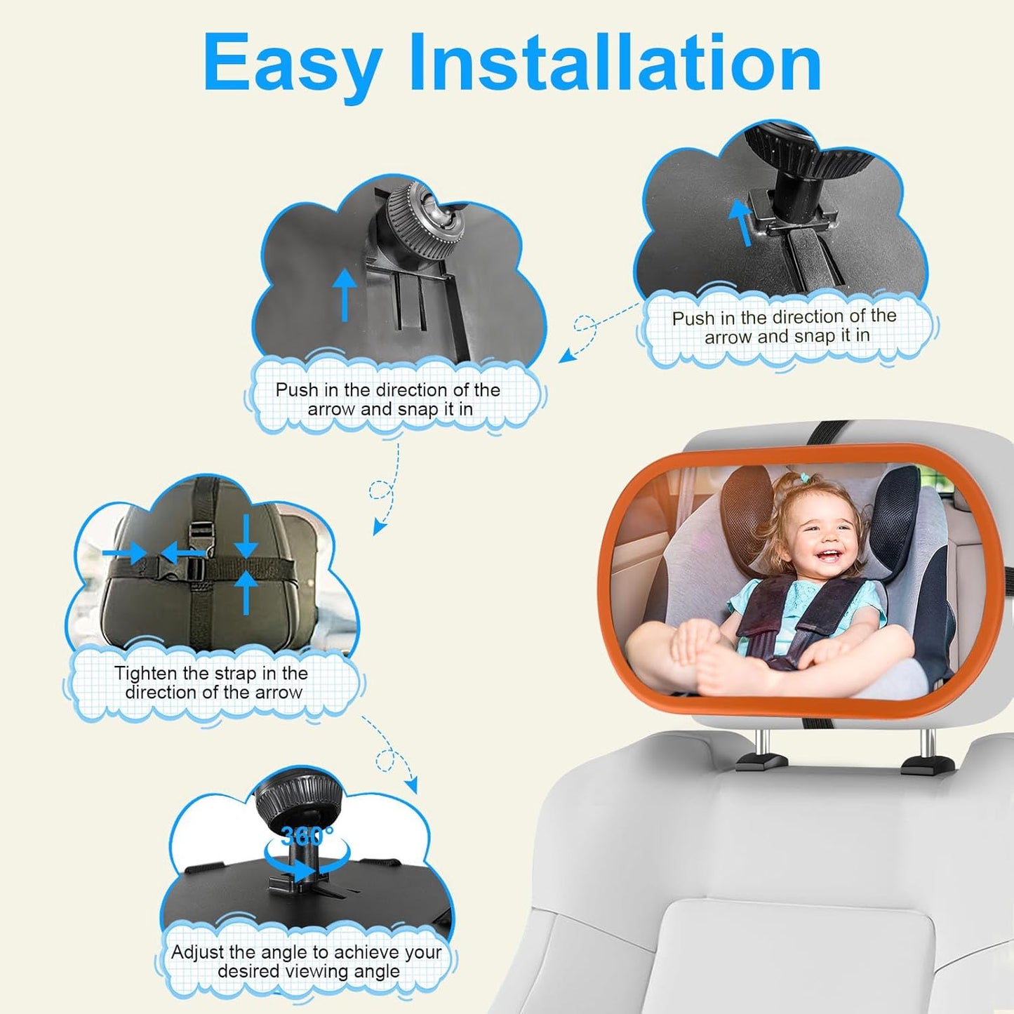 Baby Car Mirror, Safety Car Seat Mirror for Rear Facing Infant, Clear Wide View, 360°Rotation, Easily Observe the Baby Move, Secure, Shatterproof, Crash Tested and Certified(Orange)