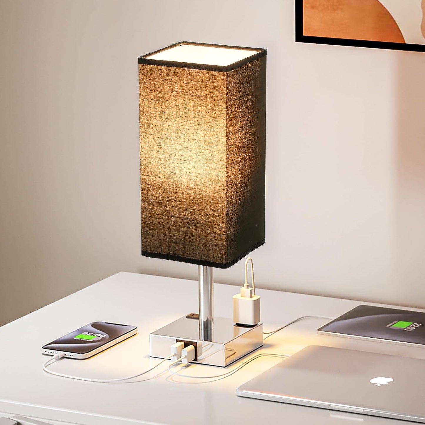 Touch Bedside Table Lamp for Nightstand - 3-Way Dimmable Night Lamp with USB A + Type C Charging Ports and Two AC Outlets, Small Desk Light with E26 LED Bulb for Bedroom Living Room Dorm Office,Black