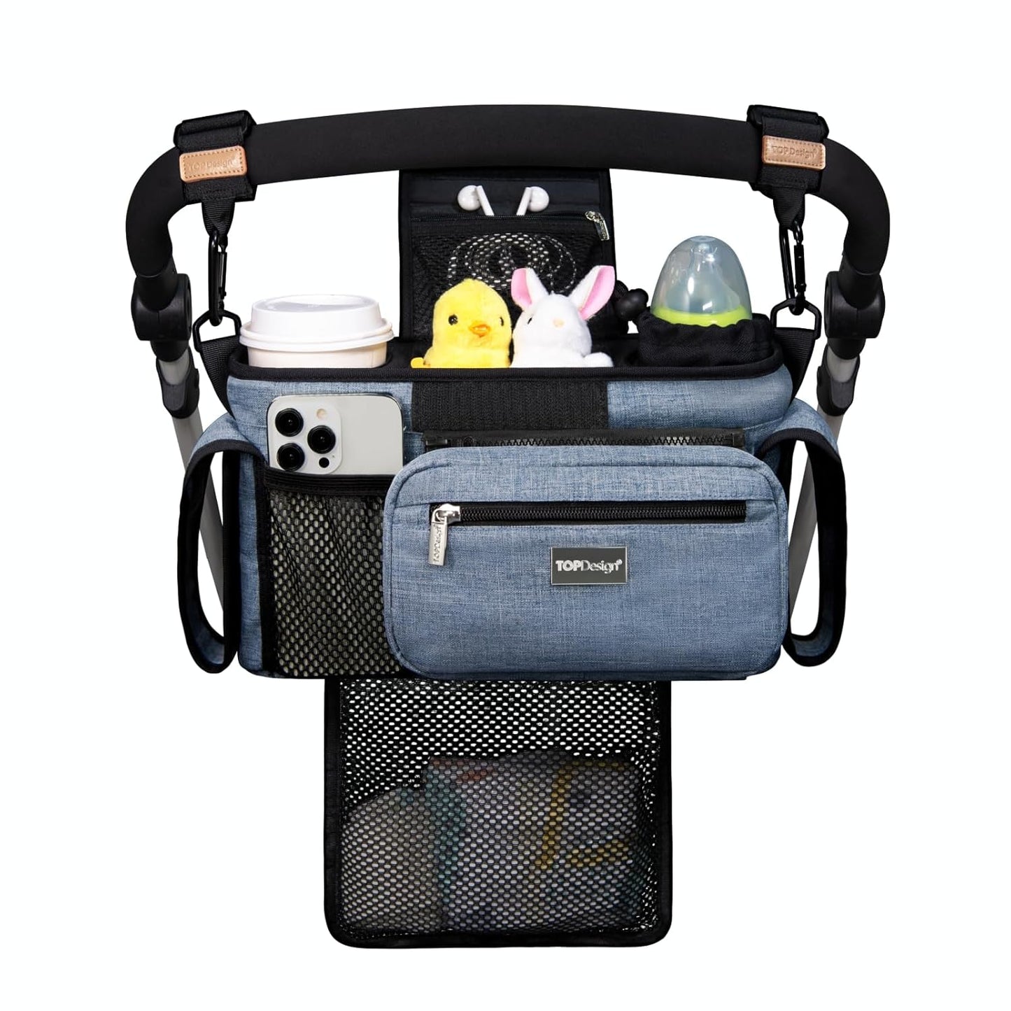 TOPDesign Universal Baby Stroller Organizer, Stroller Caddy with Detachable Mesh Bag & Heightened Insulated Cup Holders & Non-Slip Secure Hooks Accessories, Fits Most Strollers (Blue)