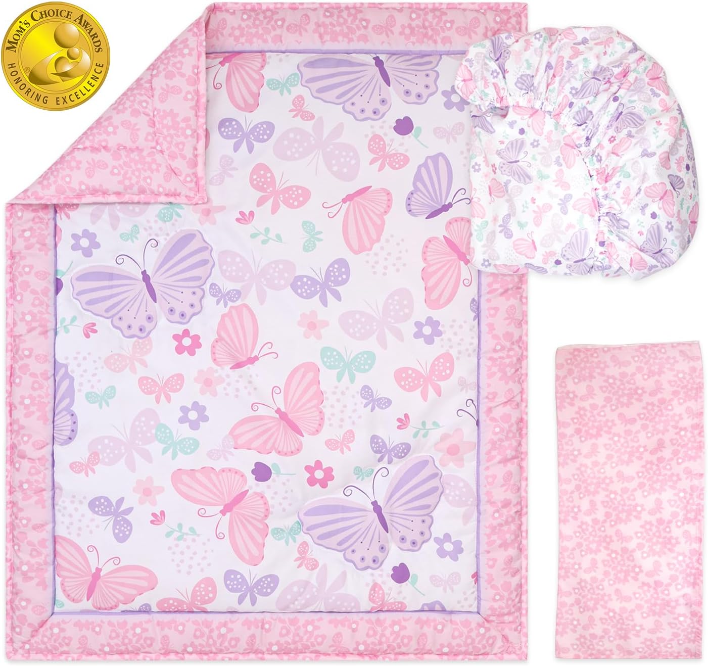 The Peanutshell 3 Piece Baby Crib Bedding Set for Girls - Newborn, Infant & Toddler Nursery Bed Set Decor with Fitted Crib Sheet, Dust Ruffle Comforter - Butterfly Song