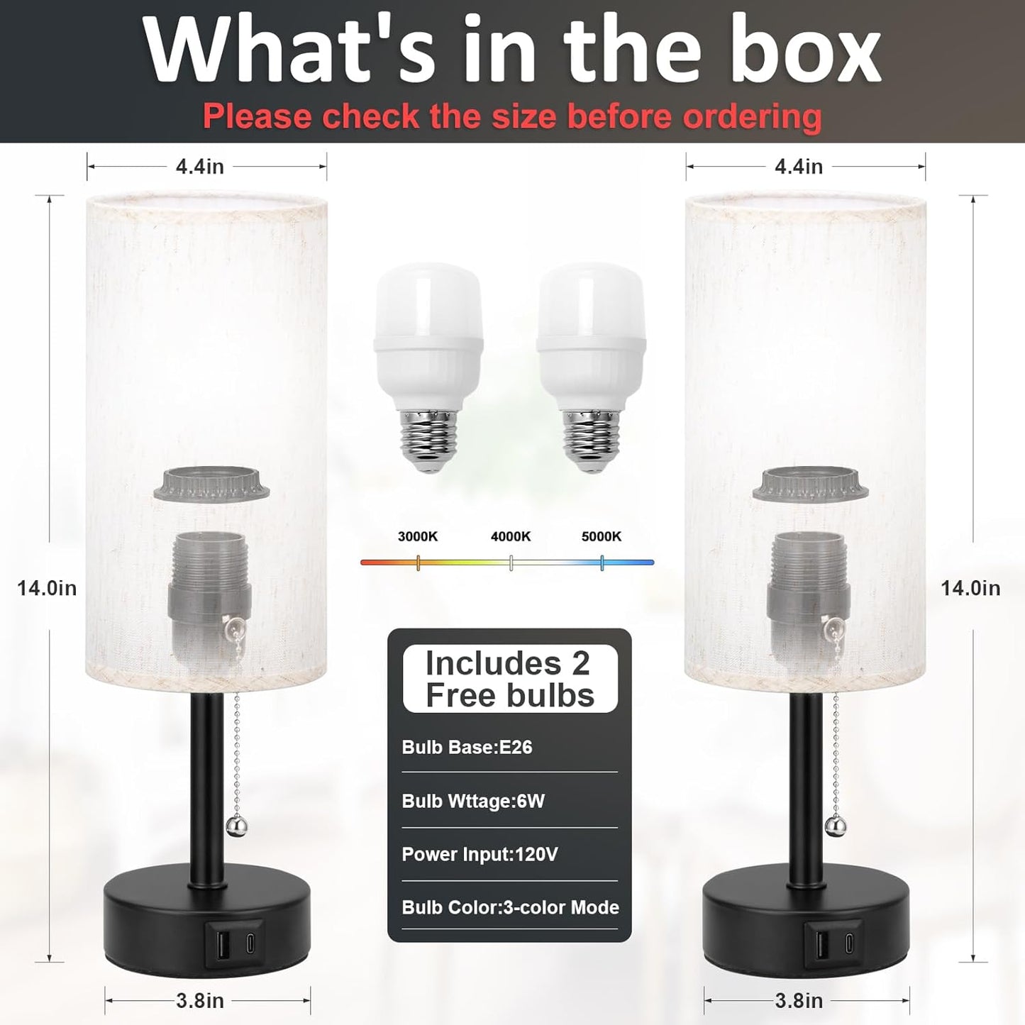 USB Bedside Table Lamps Set of 2-3 Color Temperatures Pull Chain Lamp with USB C and A Charging Ports, Round Night Stand Lamps for Bedroom