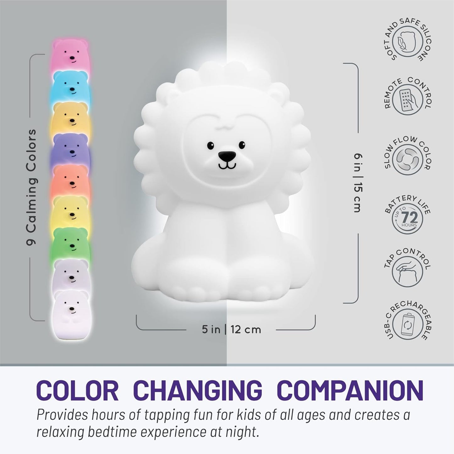 Lumipets Remote Control Silicone Night Light for Kids - Lion Design with 9 Soft Colors & Sleep Timer - Rechargeable, Battery-Operated Lamp for Bedroom | Baby Nursery, Toddler, Girls, Boys