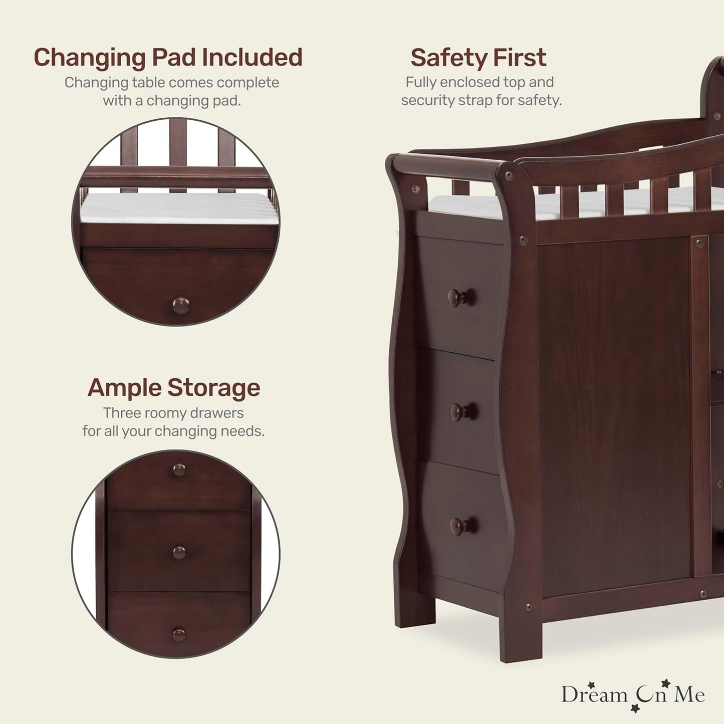 Dream On Me Casco 3-in-1 Mini Convertible Baby Crib & Changer with Storage in Espresso, Pinewood, GreenGuard Gold & JPMA, 1” Mattress Pad, 3 Mattress Heights, Converts to Mini Day & Twin-Size Bed