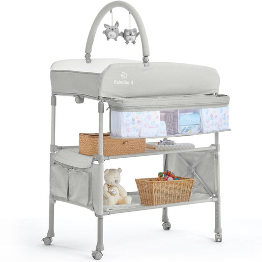 BabyBond Portable Baby Changing Table, Foldable Diaper Changing Table Dresser Waterproof Height Adjustable Changing Station for Infant and Newborn(Beige)