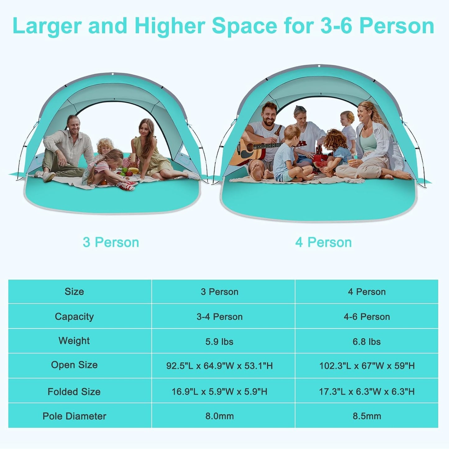 Gorich Beach Tent Sun Shelter with UPF50+ UV Protection for 3/4-5/6-7 Person, Lightweight & Portable Beach Shade Canopy with 2 Zippered Doors, Easy Setup Family Beach Umbrella