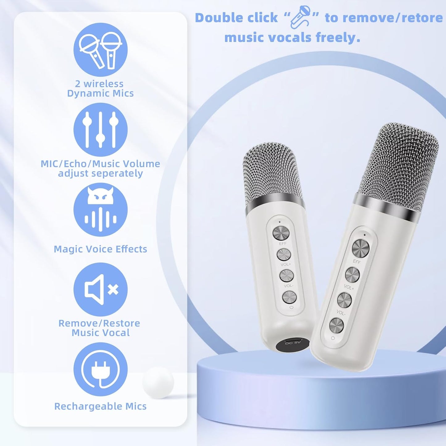 Karaoke Machine for Kids Adults - Portable Bluetooth Speaker with 2 Wireless Microphones, Singing Machine for Party, Birthday Gifts for Girls Boys Ages 4, 5, 6, 7, 8, 9, 10, 11, 12+ Years Old