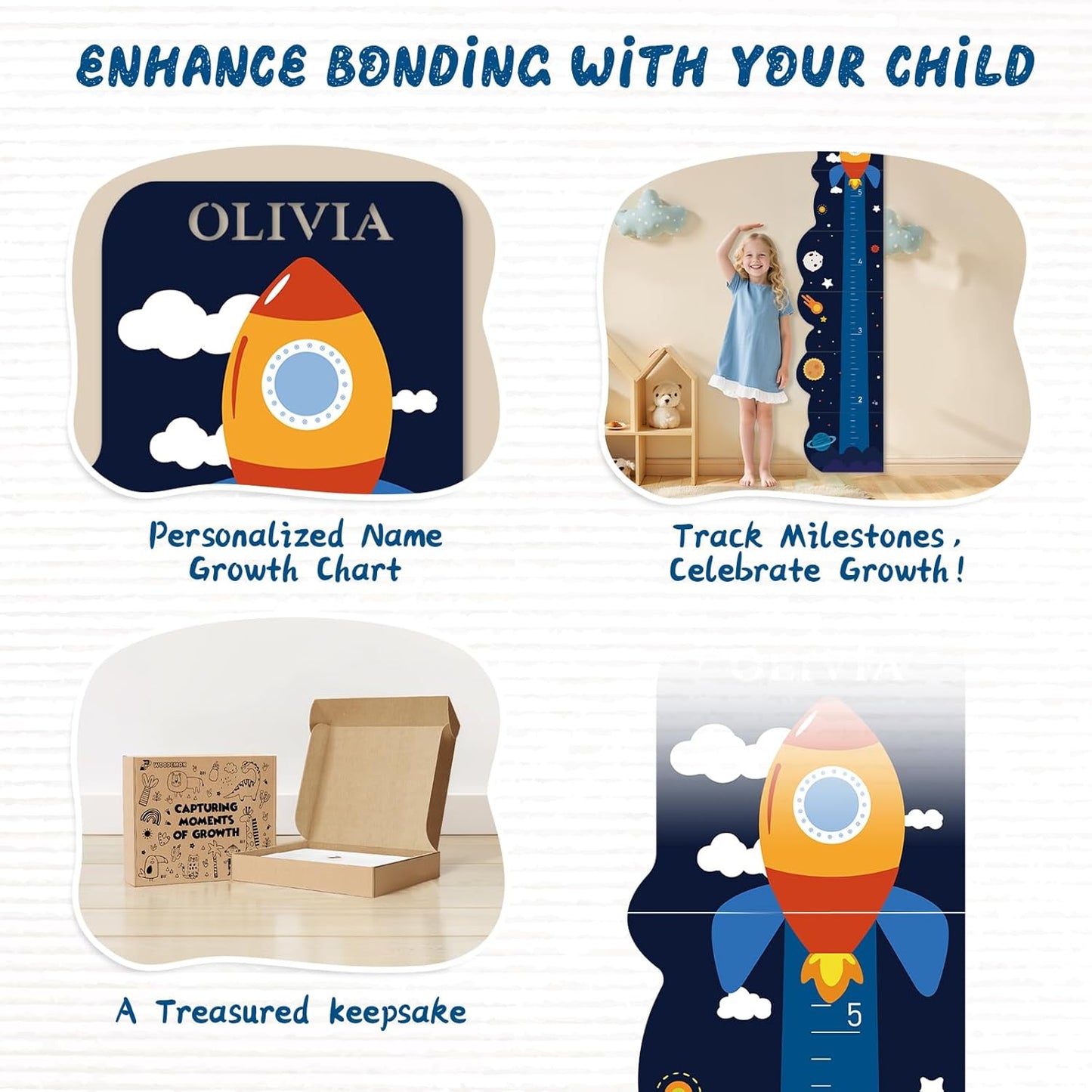 Personalized Name Rocket Wood Growth Chart for Kids – Wall Height Measurement Ruler, Toddler Playroom Decor 63" x 15.3"