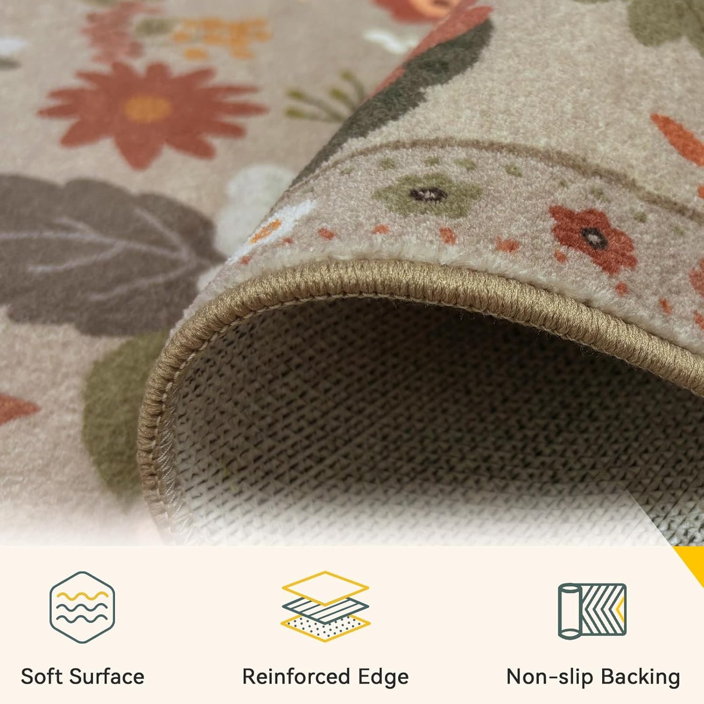 Floral 5x7 Area Rug Machine Washable Soft Print Boho Carpet Non Slip Doormat Low Pile Flower Area Rugs for Living Room Bedroom Nursery Kitchen Dining Room Indoor-Brown/Brick