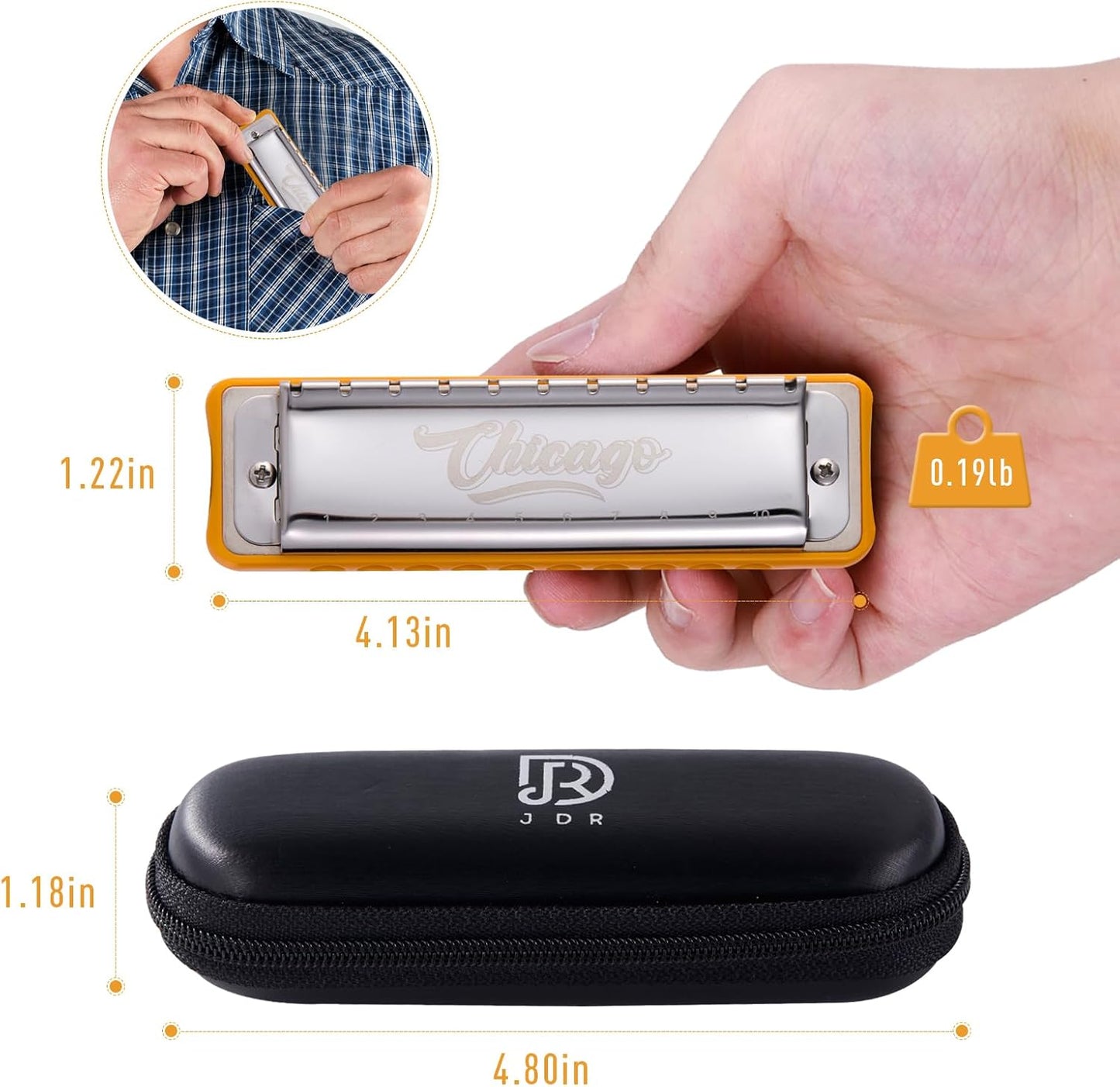 Harmonica JDR Blues key of Bb 10 Holes 20 Tones Harps Armonica for Adults Kids Professional Beginners Mini Mouth Organ with Case Chicago