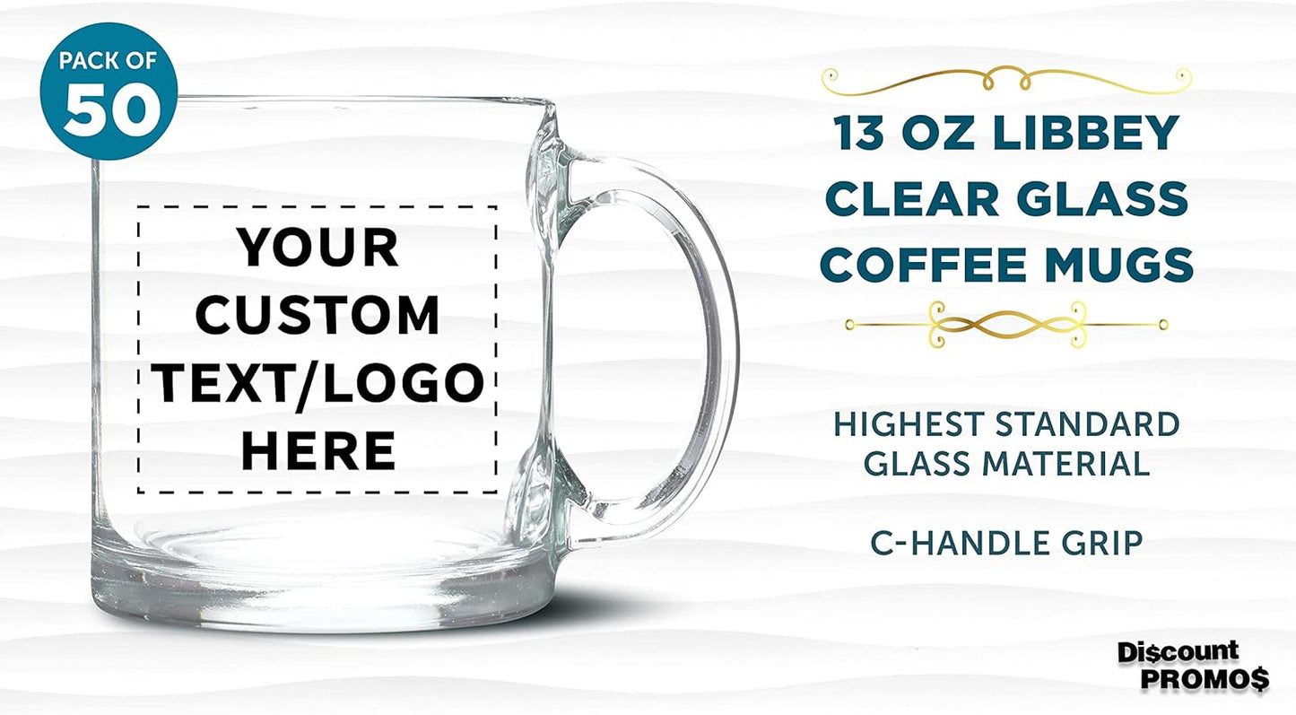 Custom Libbey Clear Glass Coffee Mugs 13 oz. Set of 50, Personalized Bulk Pack - Perfect for Coffee, Tea, Espresso, Hot Cocoa, Other Beverages - Clear Bottom