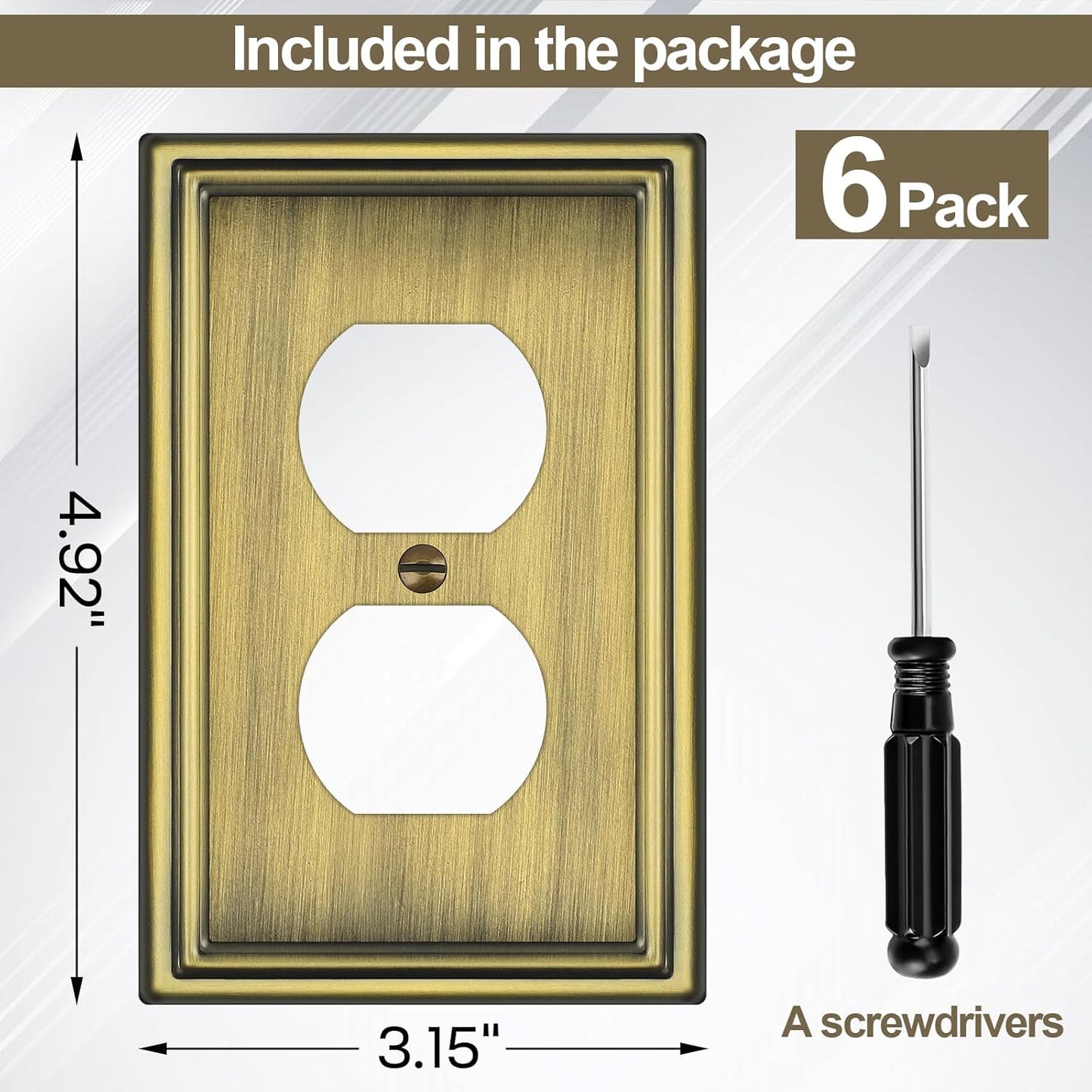 6 Pack Duplex Outlet Covers Wall Plates, Antique Brass Metal Electric Receptacle Cover, Classic Decorative Switch Plate and Outlet Cover, 1 Gang Wall Plate for Electrical Outlets