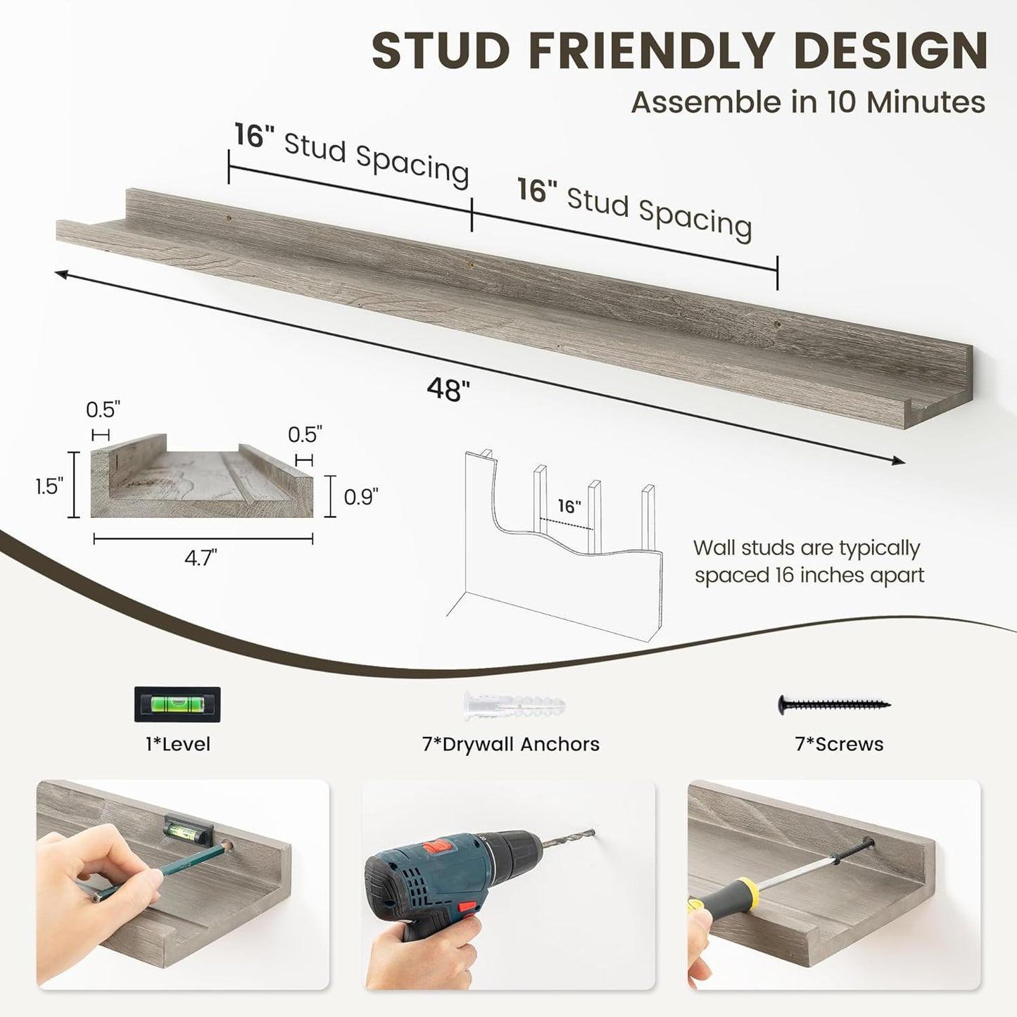 Picture Ledge Shelf, 48 Inch Long Floating Shelves for Wall, Nursery Bookshelf for Storage with Lip, Rustic Elm Wood Photo Ledge Shelves for Bedroom, Living Room, Kitchen (Grey, 48in Set of 2)