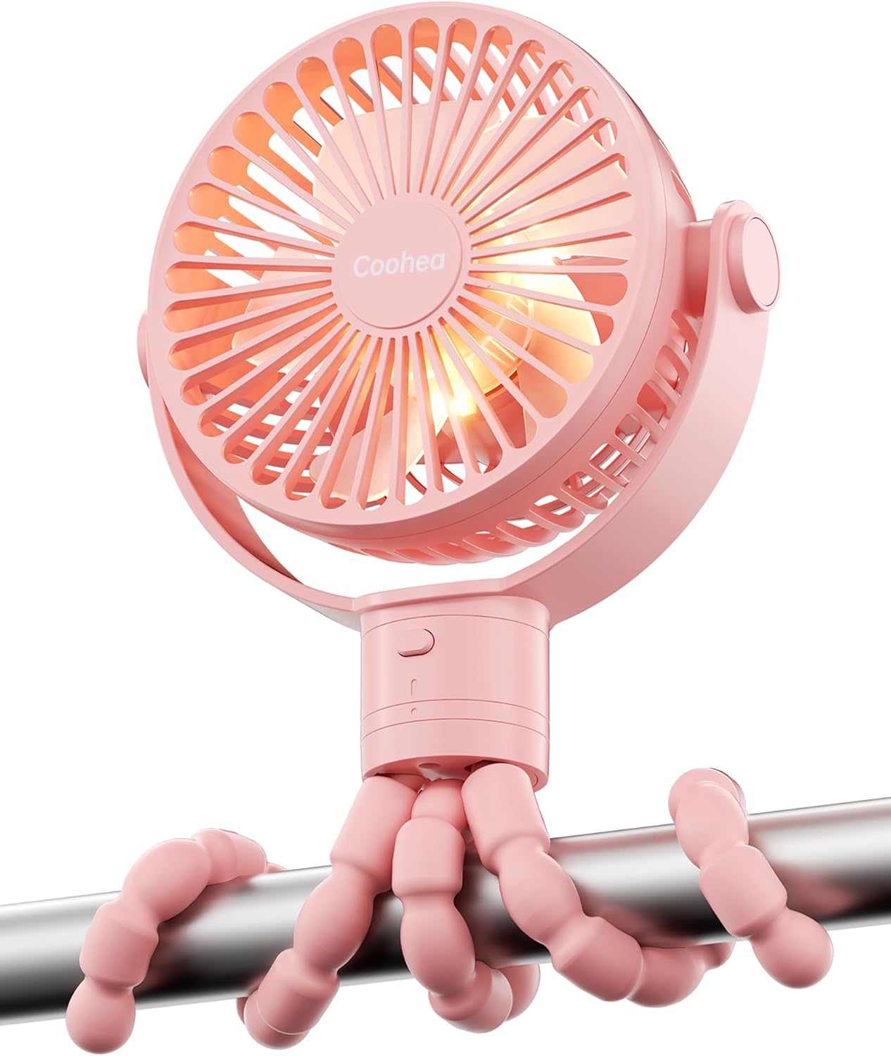 Stroller Fan Rechargeable Battery Powered Portable Fans, Head Detachable 360° Rotatable Clip on Fan, 3 Speed Quiet Small Mini Fans with Light Night for Carseat, Bed, Crib, Bike, Travel, Pink