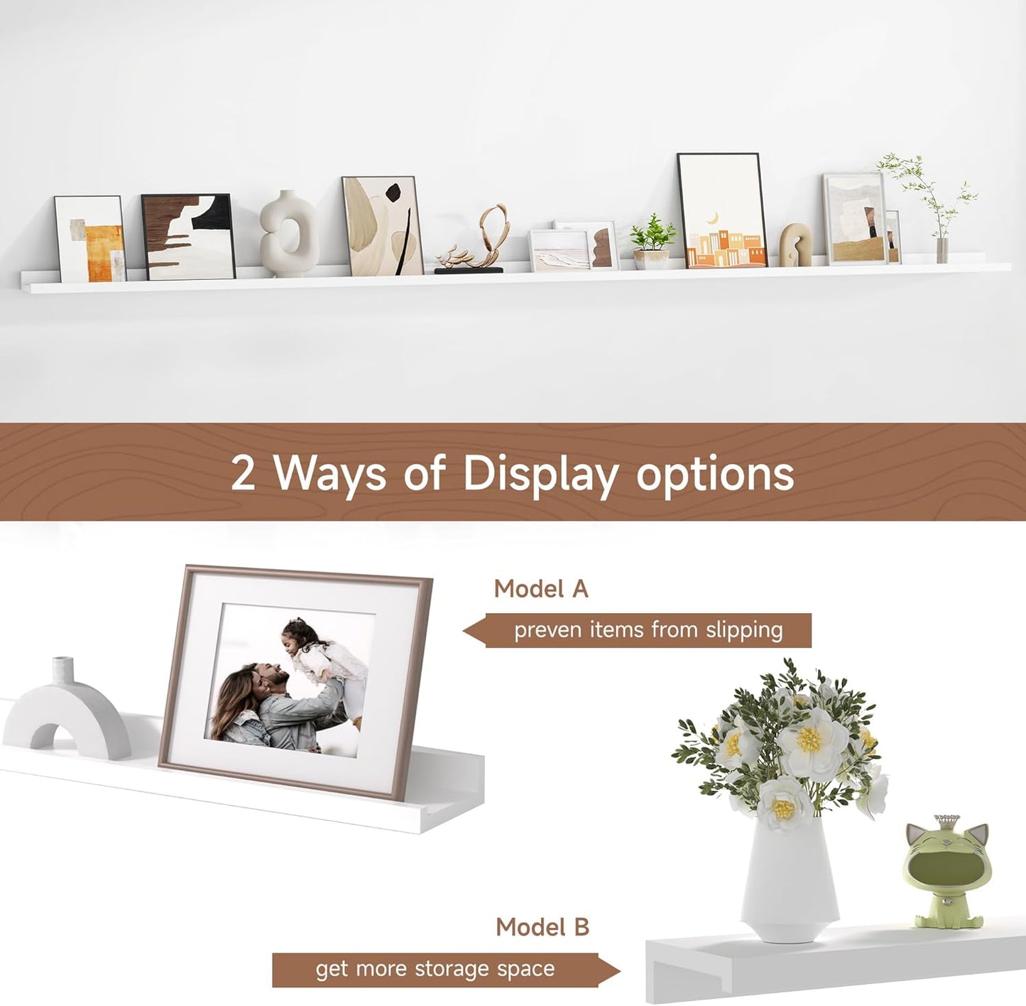 Floating Picture Ledge Shelves for Wall Set of 2, 95 Inches Picture Ledge Shelf with Long Large Nursery Book Shelf for Toys Storage Kids Bookshelf Wall Mounted Living Room Bedroom Decor Frames, White