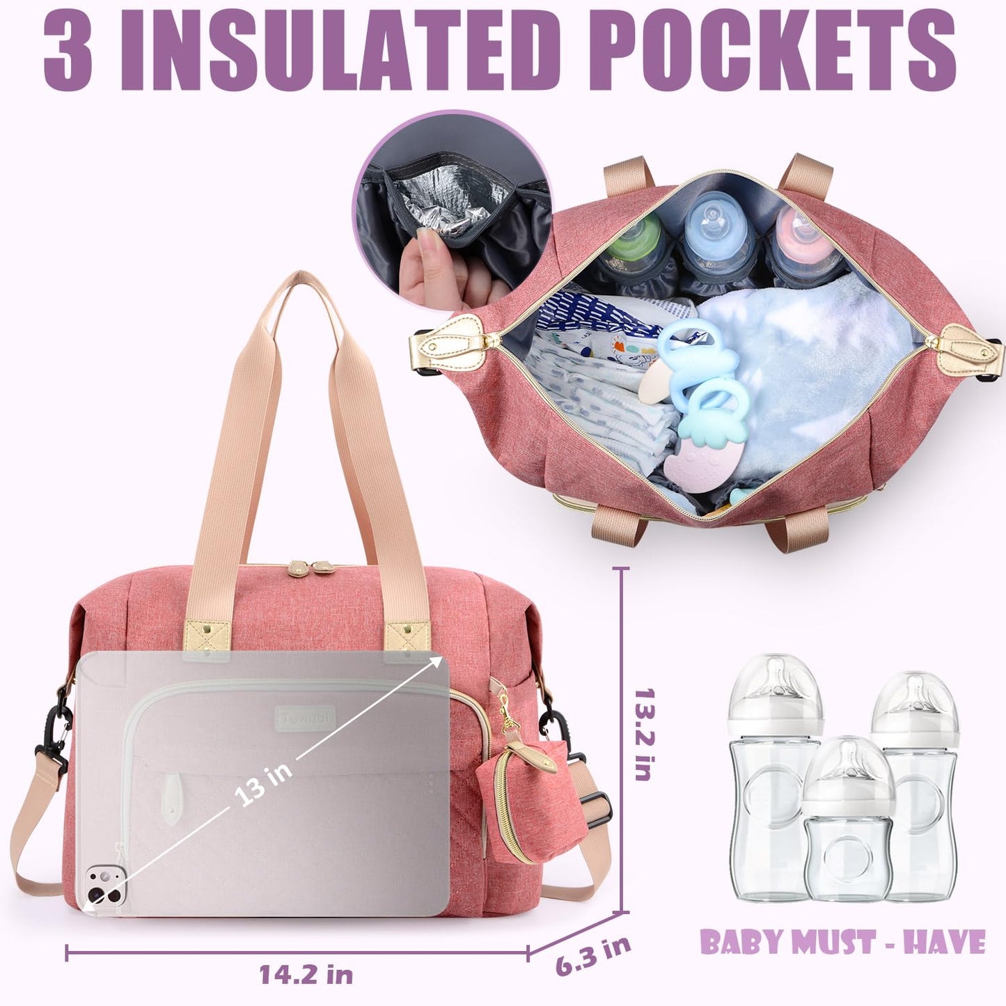 Tuwubi Diaper Bag Tote,Baby Diaper Bag with Pacifier Case Large Travel Diaper Tote Caddy for Mom and Dad Multifunction Large Baby Bag - M-Pink