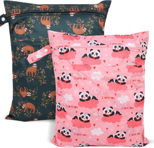 2pcs Travel Waterproof Laundry Bag, Cloth Diaper Wet Dry Bags with Handle & 2 Zipper Pockets, Reusable Washable Dirty Clothes Bag for Baby Adult Travelling Hanging, Bathing Beach Pool Daycare