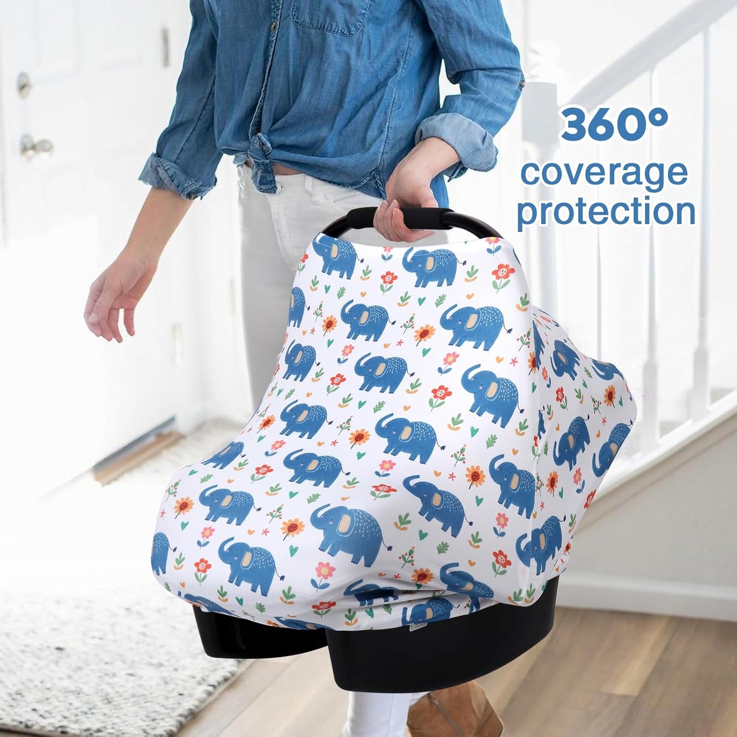 Rquite All-in-1 Car Seat Cover Baby, Carseat Covers for Girl Boy, Stretchy Soft Infant Car Seat Cover, Multi-use Baby Carrier Cover, Car Seat Canopy, Stroller Sun Shade, Nursing Breastfeeding Cover