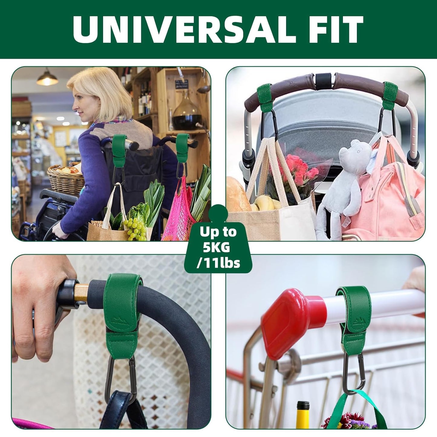 Baby Stroller Hooks Bag Hooks for Hanging Diaper Bags Multipurpose Hooks for Grocery Shopping Bags Premium Vegan Leather Pram Straps 2 Pcs (Green)