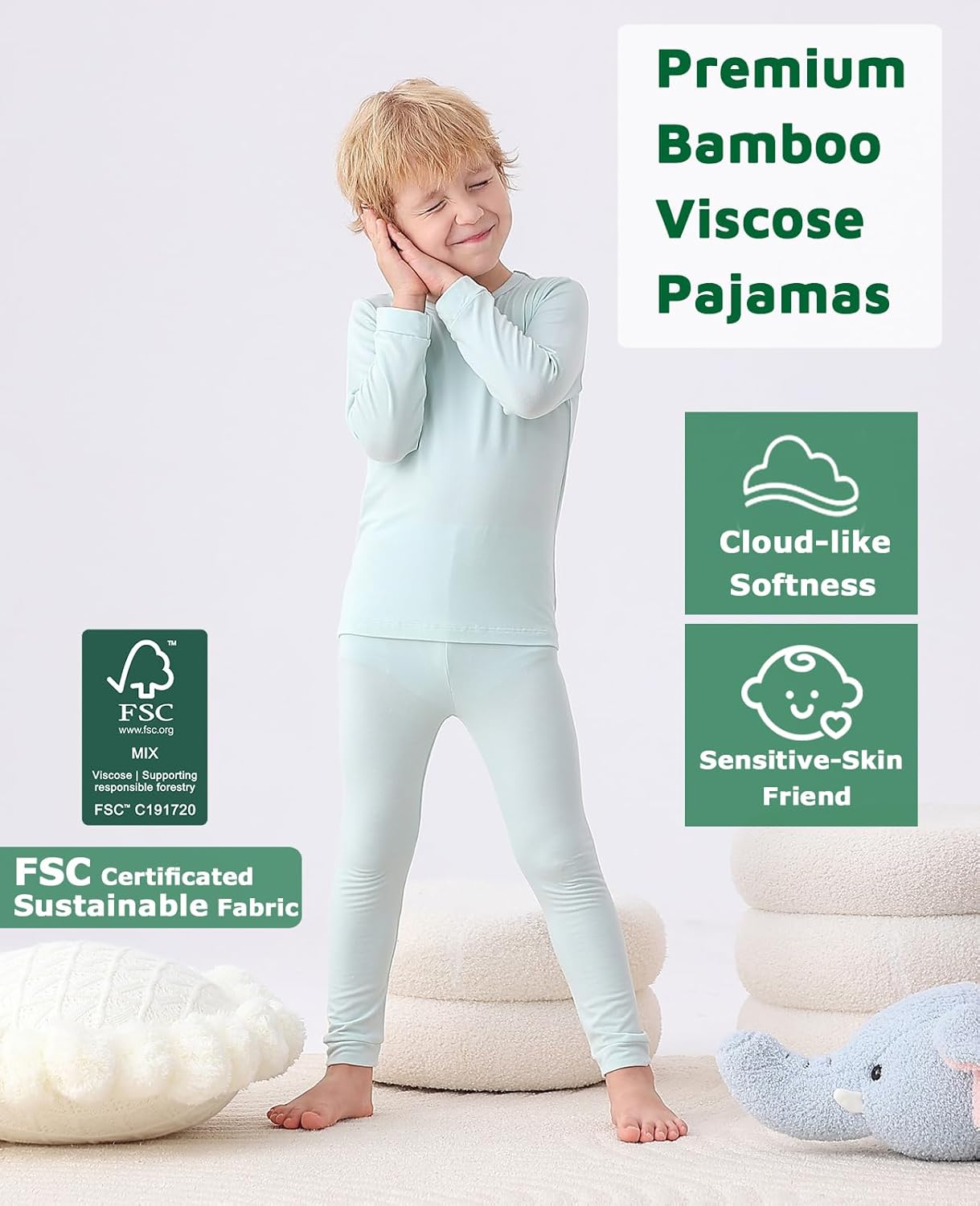 JunNeng Bamboo Viscose Pajamas for Toddler Baby, Boys Girls Solid Snug Fit Pajamas Long Sleeve Sleeper