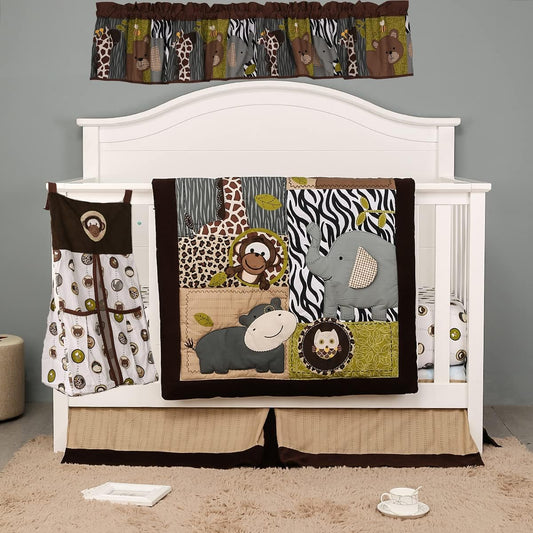 7 PCs Forest Animal Nursery Crib Bedding Set Baby Boy Elephant Giraffe Bear Cot Bedding Set